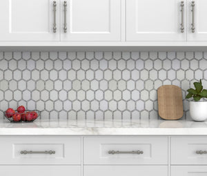 Adorned Hexagon Stone Mosaic Tile Gray featured on a farmhouse kitchen backsplash