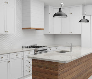 Perspective White Stone Mosaic Tile featured on farmhouse backsplash