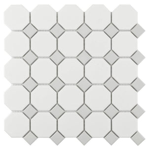 Octagonal Porcelain Mosaic Tile White & Grey