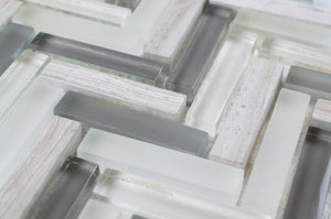 Herringbone Glass Stone Tile Silver