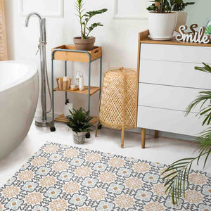 Old Oslo Encaustic Look Patterned Porcelain Tile 6x6 featured on a bathroom floor