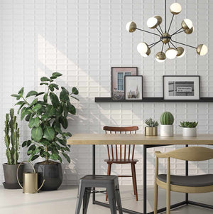 Subway Tile 3x6 Reverse Bevel Glossy White featured on a living room feature wall