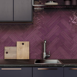 Kitchen backsplash featuring the Slide Plum Glossy 3x12 Subway Wall Tile by Mineral Tiles