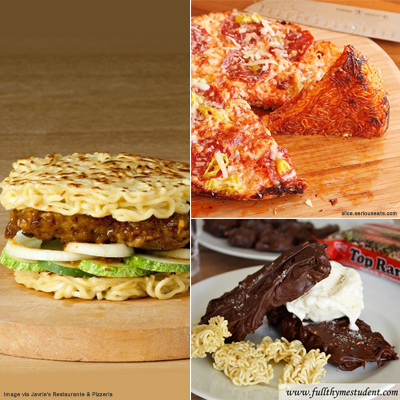 Ramen burger, pizza, ice cream