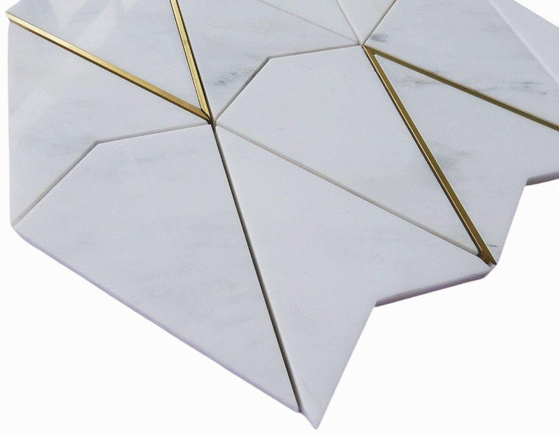 Calacatta Marble and Gold Brass Mosaic Tile Diamond Angle