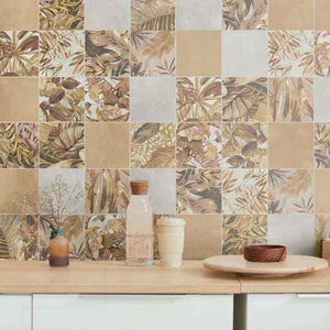 Floral Porcelain Tile Jasmin Petals 6x6 installed on a kitchen backsplash