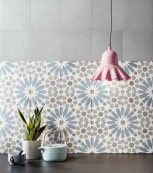 Ethnic Rectified Porcelain Tile 8x8 Light Blue B Matte featured on a kitchen backsplash