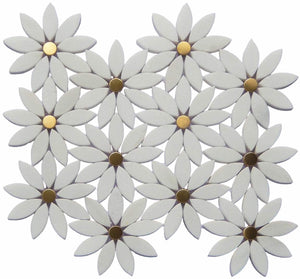 Marble Mosaic Tile White Gold Flower for backsplash, bathroom walls, fireplace, and featured walls