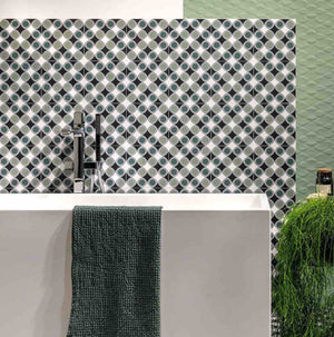 Modern Patterned Porcelain Tile Joy Mint 8x8 installed on a bathroom wall