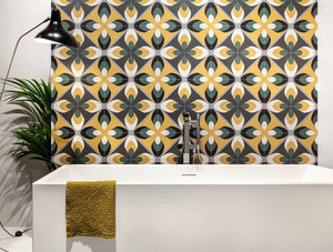 Modern Patterned Porcelain Tile Play One 8x8 installed on a bathtub