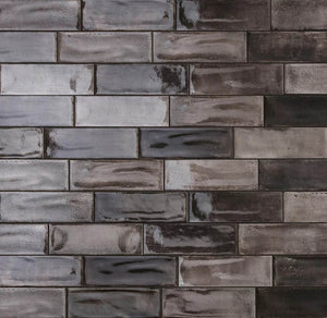 Porcelain Subway Tile Washed Nero Glossy 4x12 for bathroom, shower, and kitchen backsplash