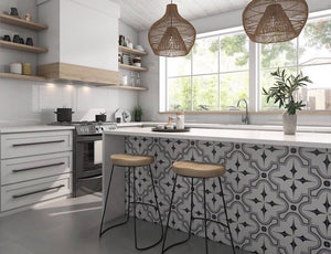 Patterned Tile Emporium Blue 8x8 installed on a kitchen bar