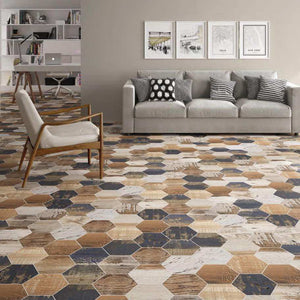 Studio Hexagon Reclaimed Porcelain Tile 9x10 installed on a living room floor