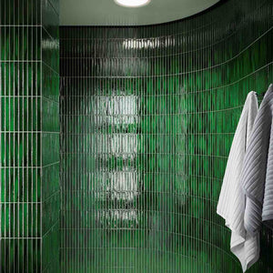 Green Tiled Walk in Shower featuring the Watercolour Stick Mosaic Tile Rain Forest