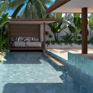 Zellij Distressed Porcelain Tile Aqua 6x6 featured on a contemporary swimming pool